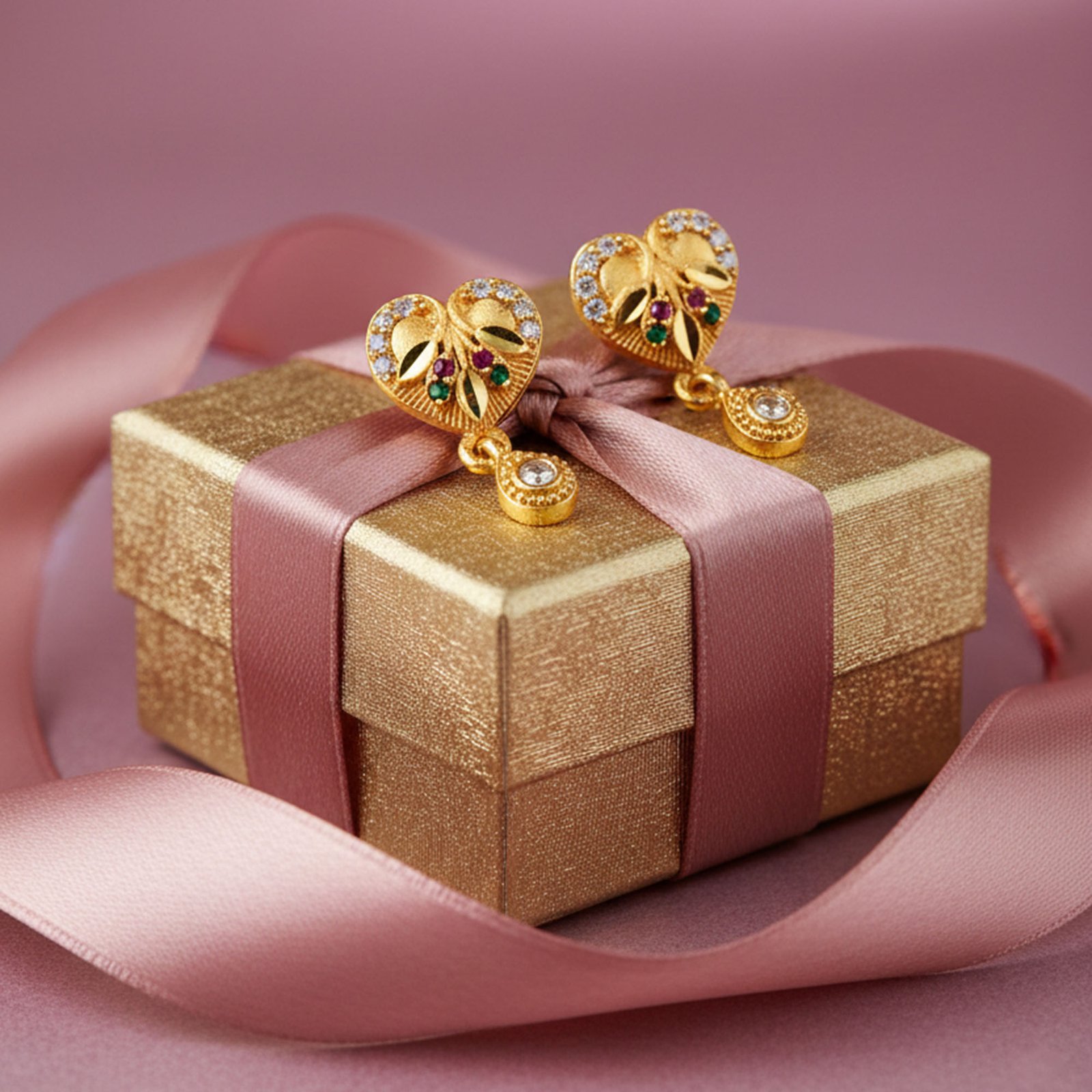Gold Plated Heart Stud Earrings with Drop Charm - Image 2