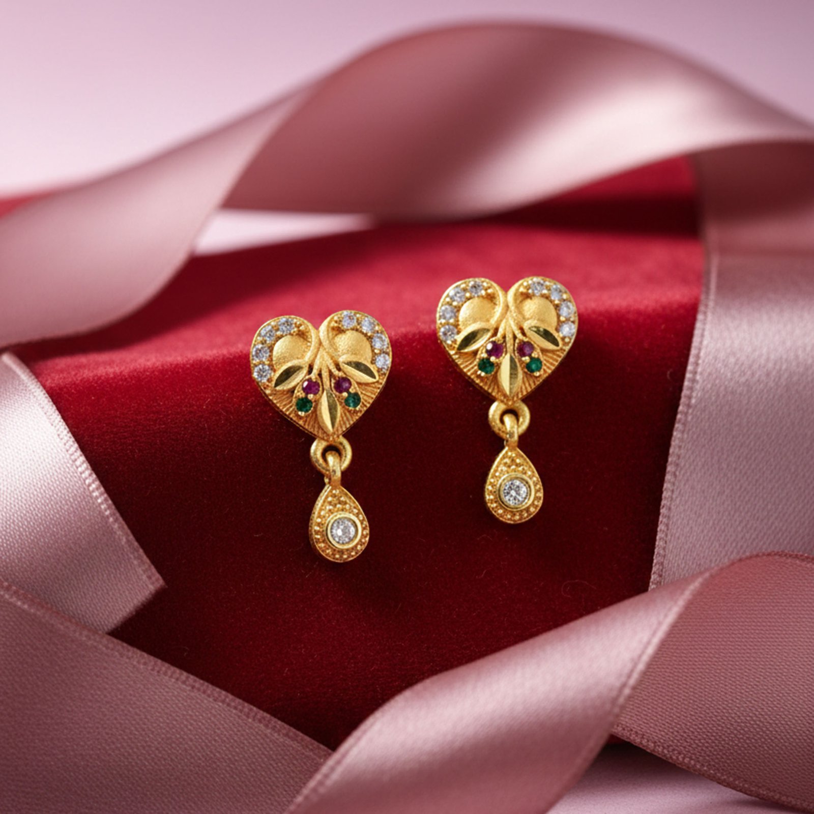 Gold Plated Heart Stud Earrings with Drop Charm - Image 3