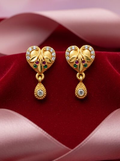 Gold Plated Heart Stud Earrings with Drop Charm