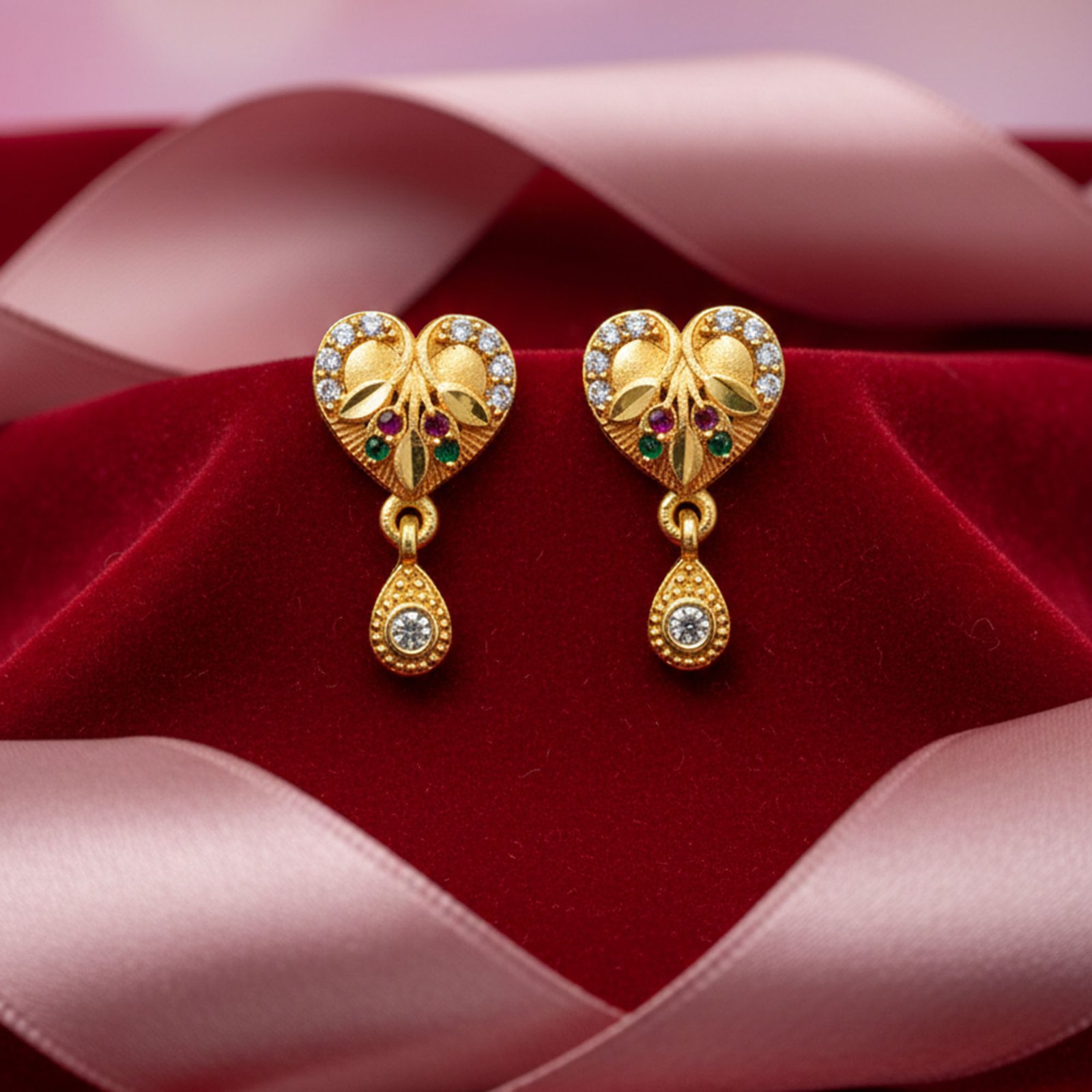 Gold Plated Heart Stud Earrings with Drop Charm