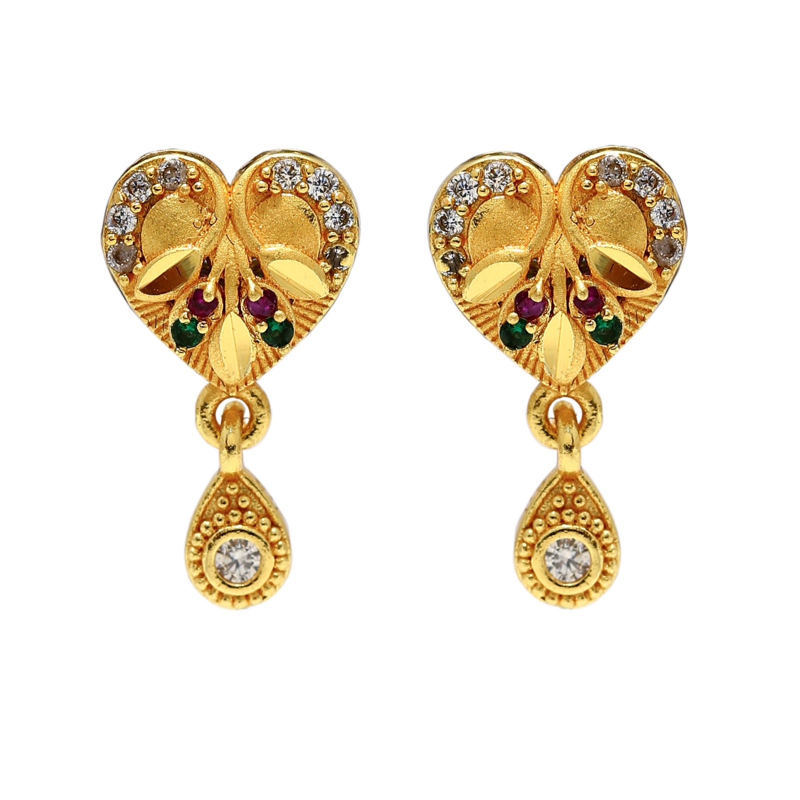 Gold Plated Heart Stud Earrings with Drop Charm - Image 4