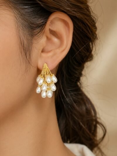 White Pearl Gold Work Earrings